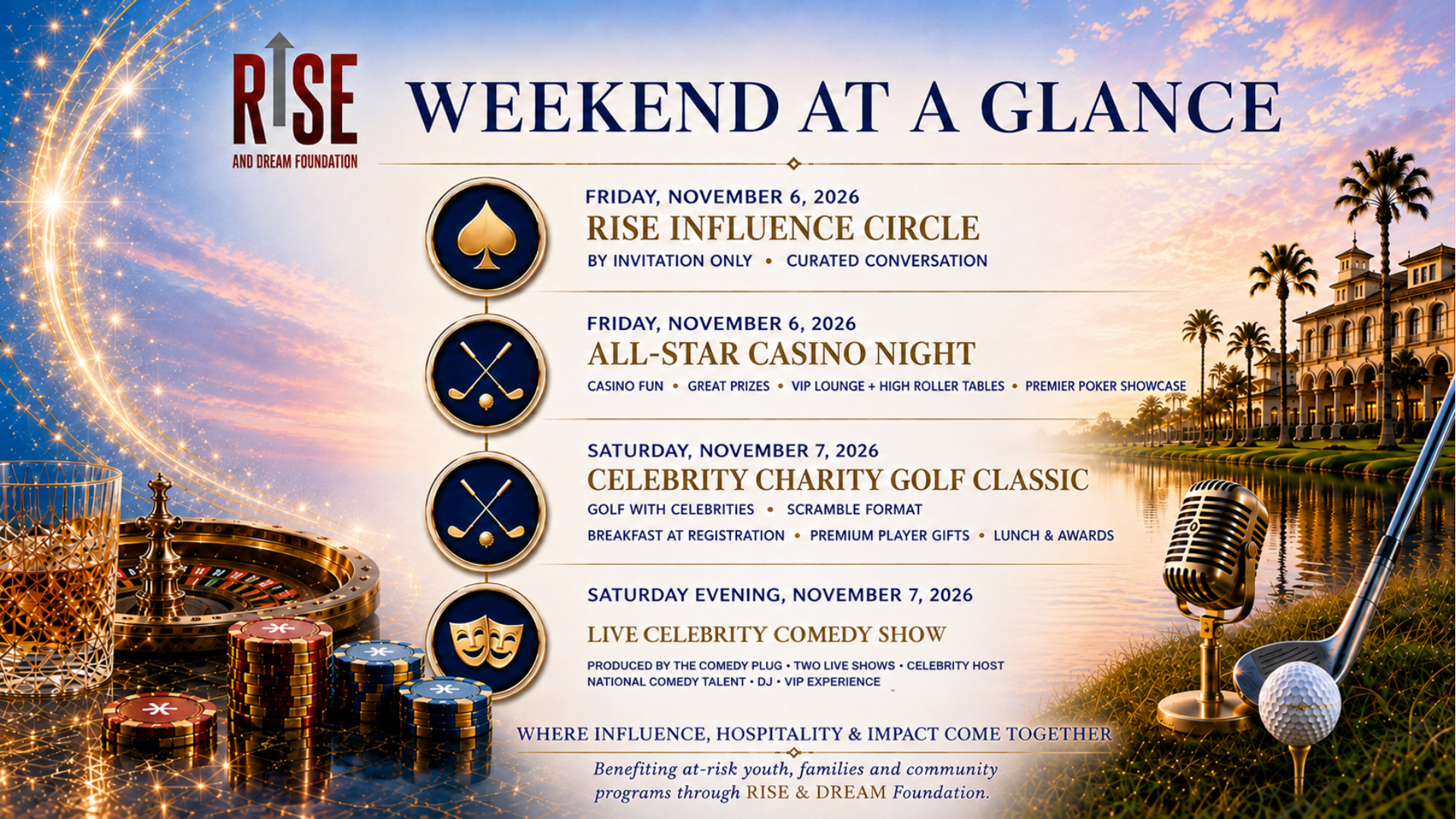 RISE Celebrity Charity Weekend — Weekend at a Glance event schedule artwork